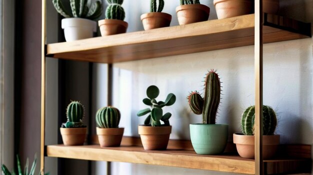 Una casa estética con cactus y plantas en un estante de madera