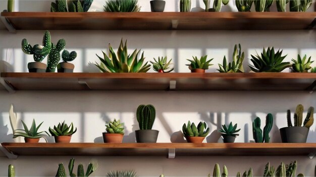 Una casa estética con cactus y plantas en un estante de madera