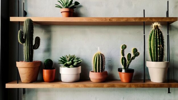 Una casa estética con cactus y plantas en un estante de madera