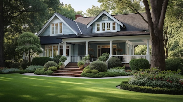 Casa de estilo americano con jardín al lado del paseo