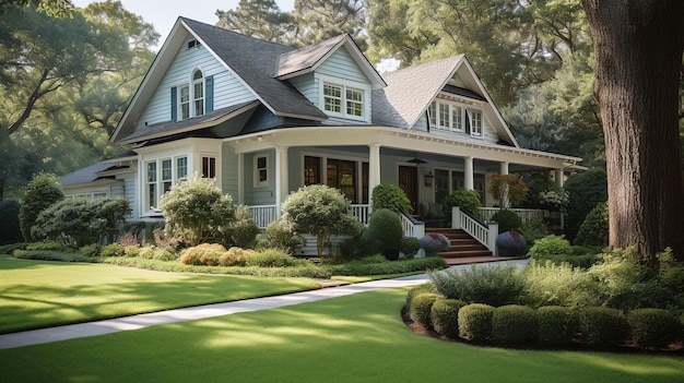 Casa de estilo americano con jardín al lado del paseo