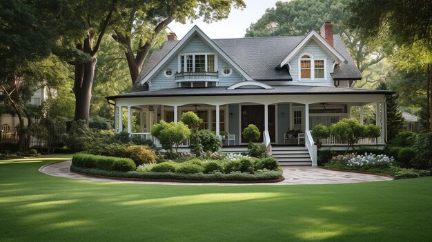 Foto casa de estilo americano con jardín al lado del paseo