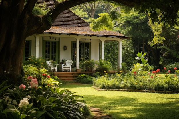 Casa estilo colonial ubicada en exuberantes jardines