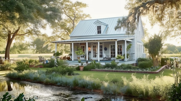 Una casa de estilo granja con paisaje rústico generada por la IA