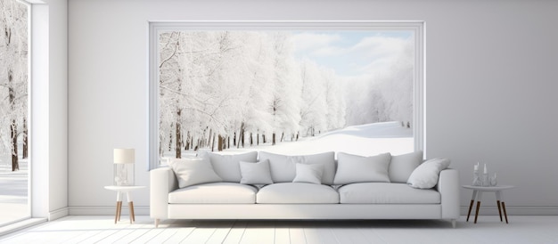 Casa de estilo nórdico con salón blanco, suelo de madera y decoración de pared grande con una ventana con una ilustración de un paisaje blanco
