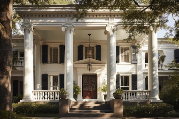 Casa de estilo revival clásico con columnas detalladas y entrada ornamentada creada con IA generativa