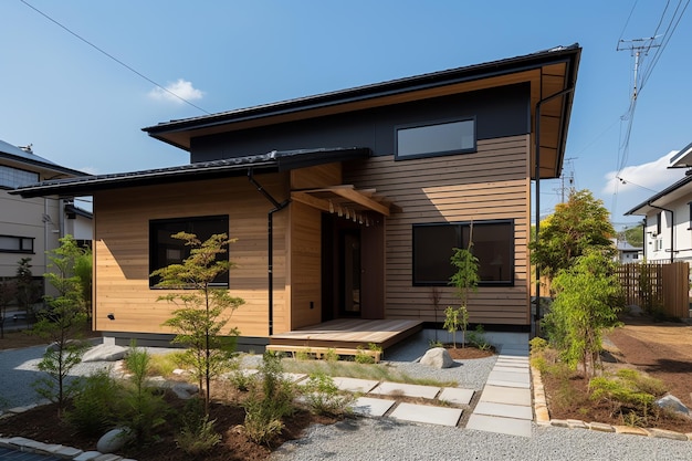 Una casa con un exterior de madera y un pequeño jardín al frente.