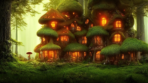 Casa fabulosa dentro de cogumelos em uma floresta mágica ilustração de cogumelos de fantasia para a capa do livro paisagem incrível da ilustração 3d da natureza