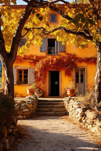 Foto una casa con una fachada amarilla y una escalera de piedra.