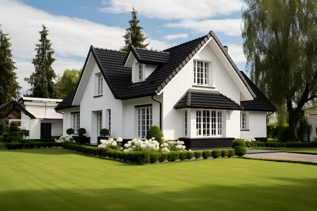 Casa familiar blanca con tejas negras inclinadas y hermoso jardín delantero con césped verde generado ai