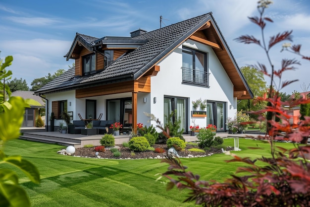 Foto casa familiar blanca con tejas de techo inclinadas negras y hermoso patio delantero con césped verde y pavimentado