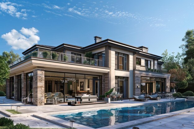 Casa familiar de estilo de transición con cielo azul por la tarde