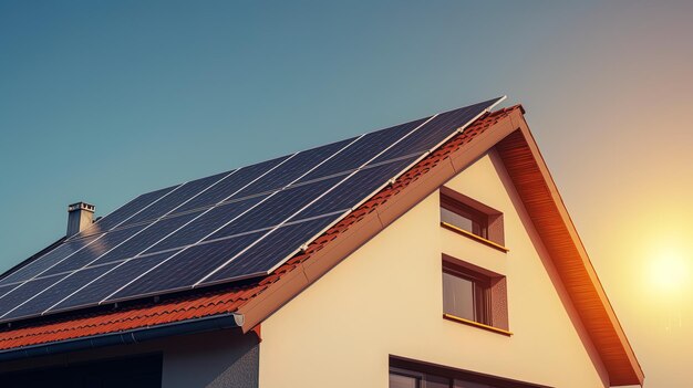 Foto casa familiar con paneles solares y sistema de energía solar sunrise sunset