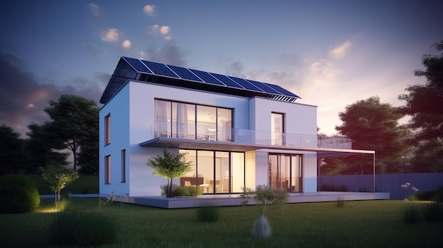 Casa familiar con paneles solares y sistema de energía solar sunrise Sunset