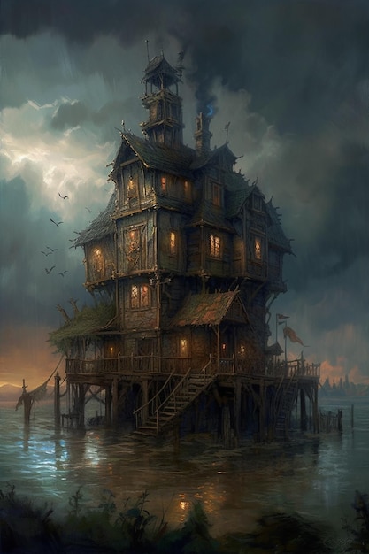 Una casa de fantasía en el agua con un cielo nublado encima.