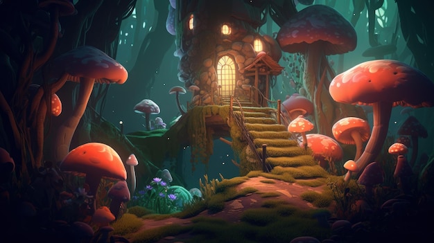 Una casa de fantasía en un bosque con hongos en el fondo.