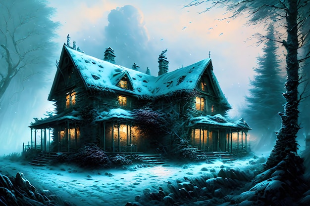 Casa de fantasía en el bosque de invierno vieja choza de piedra