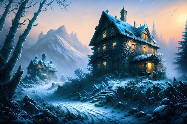 Casa de fantasía en el bosque de invierno vieja choza de piedra