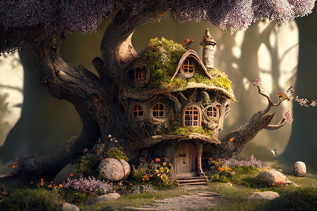 Casa de fantasía en bosque mágico habitación de cuento de hadas en IA generativa de tronco de árbol