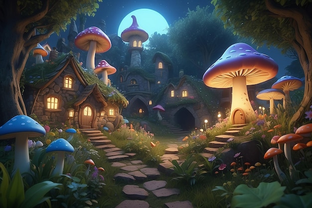 Una casa de fantasía en forma de hongo que crece en un bosque mágico