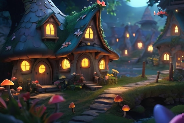 Una casa de fantasía en forma de hongo que crece en un bosque mágico