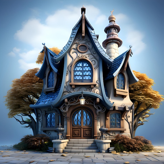 Casa de fantasía con techo azul ilustración 3d