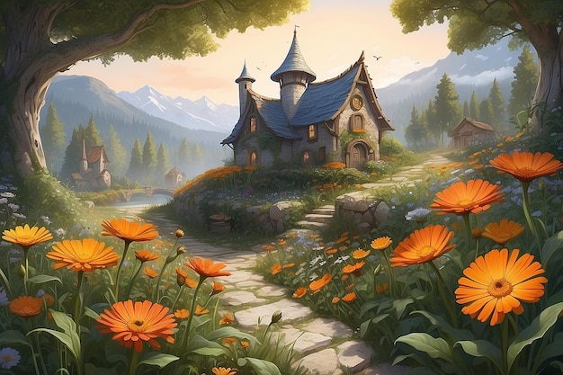 una casa con flores y una casa en la colina
