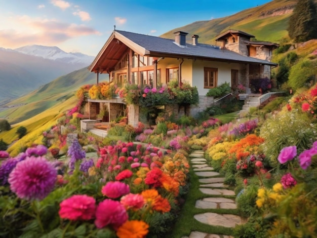 Foto casa con flores de colores