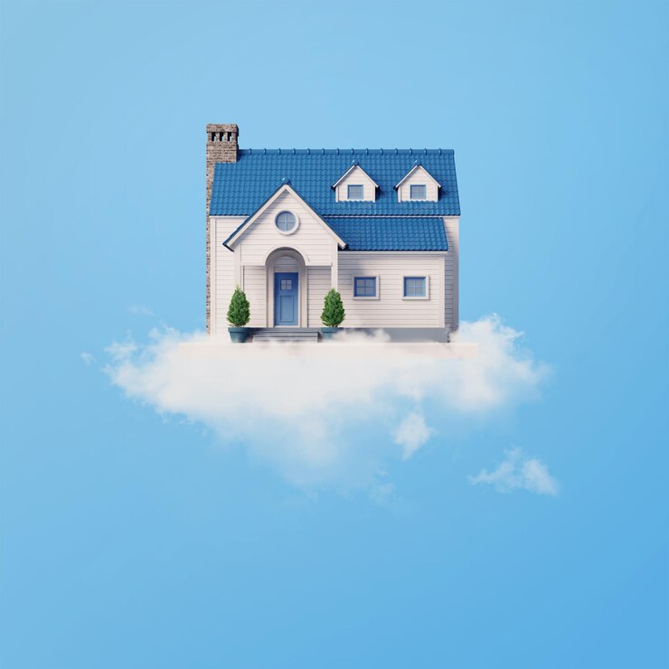 Casa flotando en la nube con fondo de cielo azul