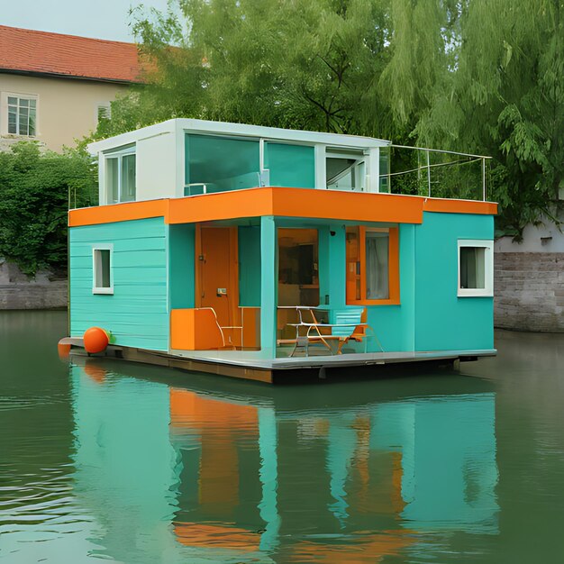 Foto una casa flotante con borde naranja está en el agua con una bola roja en el medio