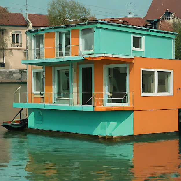 una casa flotante colorida está flotando en el agua con una casa a un lado