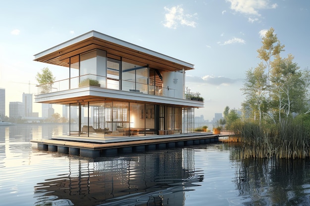 Casa flotante moderna con paredes de vidrio y acentos de madera