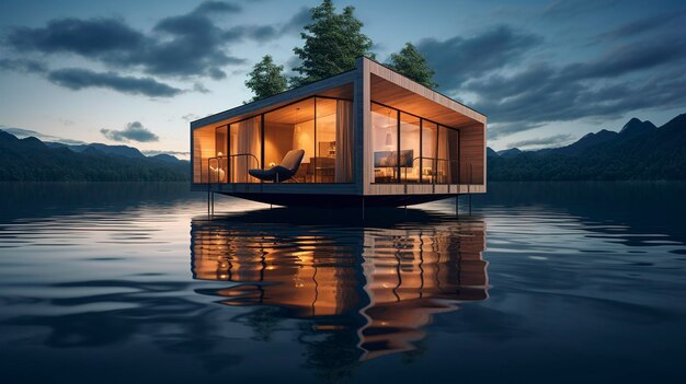 Foto casa flotante moderna con ventanas panorámicas al anochecer en un lago tranquilo con fondo de montaña