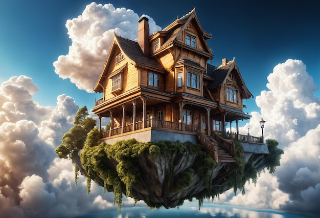 Casa flutuante no céu com nuvens ia geradora