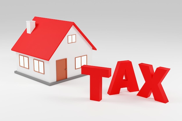 Casa fofa mínima com telhado vermelho em estilo cartoon de fundo cinza renderização em 3d Imposto de sinal