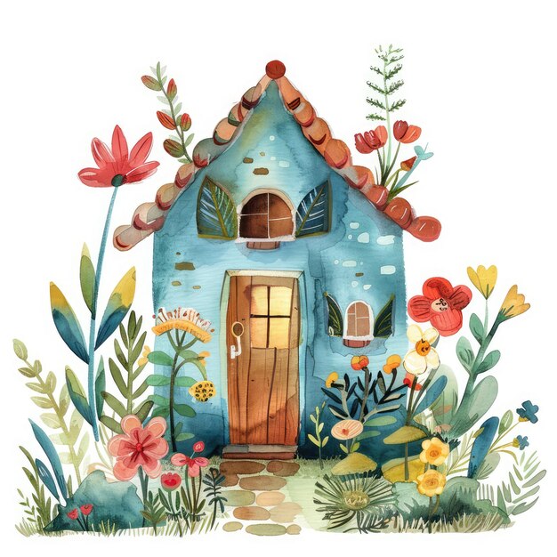 Casa de fondo blanco con flores ilustración de acuarela al estilo de dibujos animados