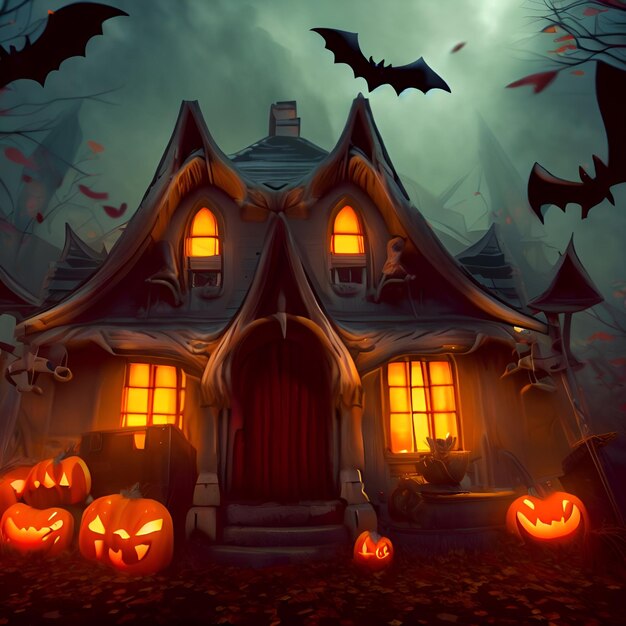 Casa de fondo de Halloween y murciélagos con calabazas
