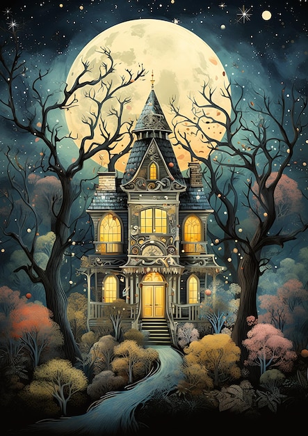 casa fondo de luna llena colores espeluznantes sueños encantados conjunto noche iluminada por la luna elaboradamente