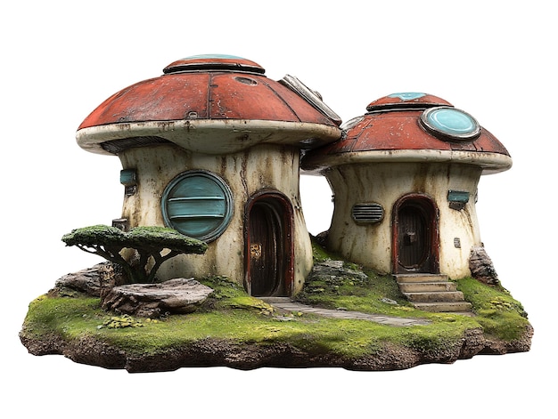 una casa en forma de hongo en una pequeña isla
