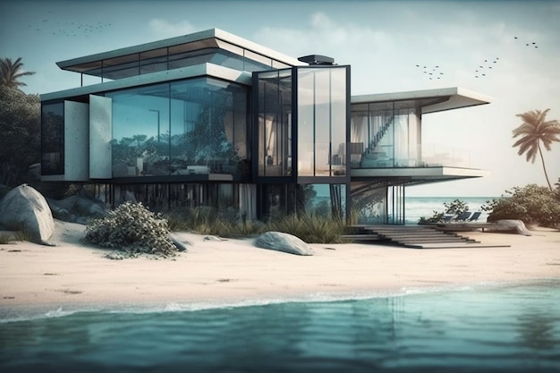 Casa frente al mar con paredes de vidrio de arquitectura moderna y una piscina IA generativa