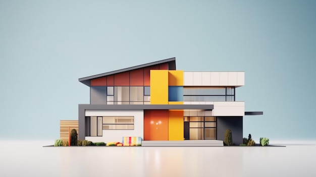 Una casa con un frente amarillo y naranja y un techo gris.