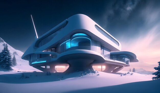 Casa futurista blanca en un lugar nevado IA generativa