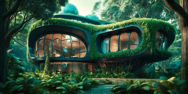 Una casa futurista en el bosque de árboles.