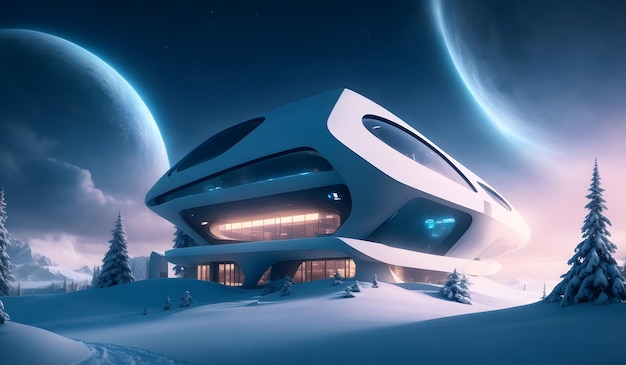 Casa futurista branca em um lugar coberto de neve IA geradora