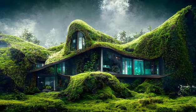 Casa futurista cubierta de musgo concepto arquitectónico arte generado por red neuronal