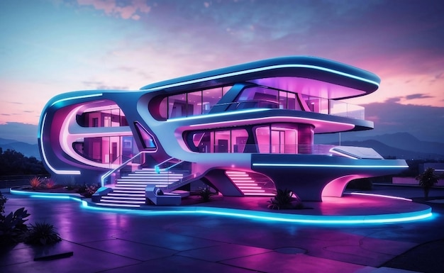 Foto casa futurista con escena nocturna de diseño moderno