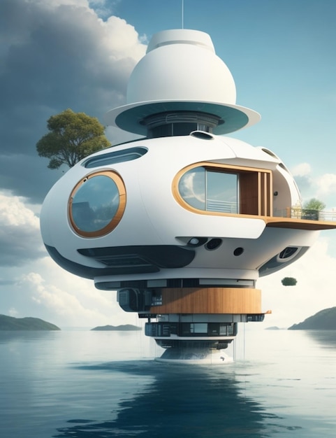 Foto casa futurista flutuando na água