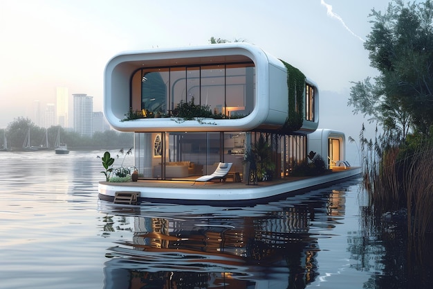 Casa futurista flutuante com vegetação ao anoitecer