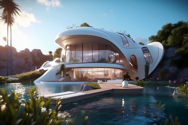 Casa futurista del futuro cerca del agua.