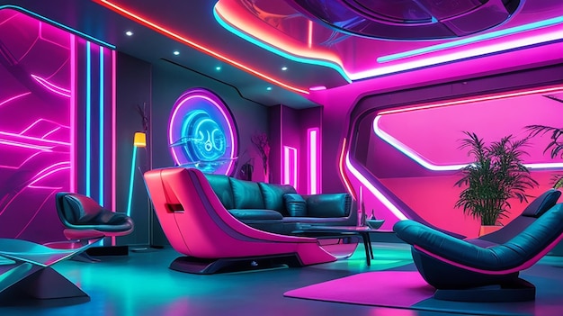 Una casa futurista con un interior iluminado con neón vibrante con muebles modernos elegantes y arte abstracto